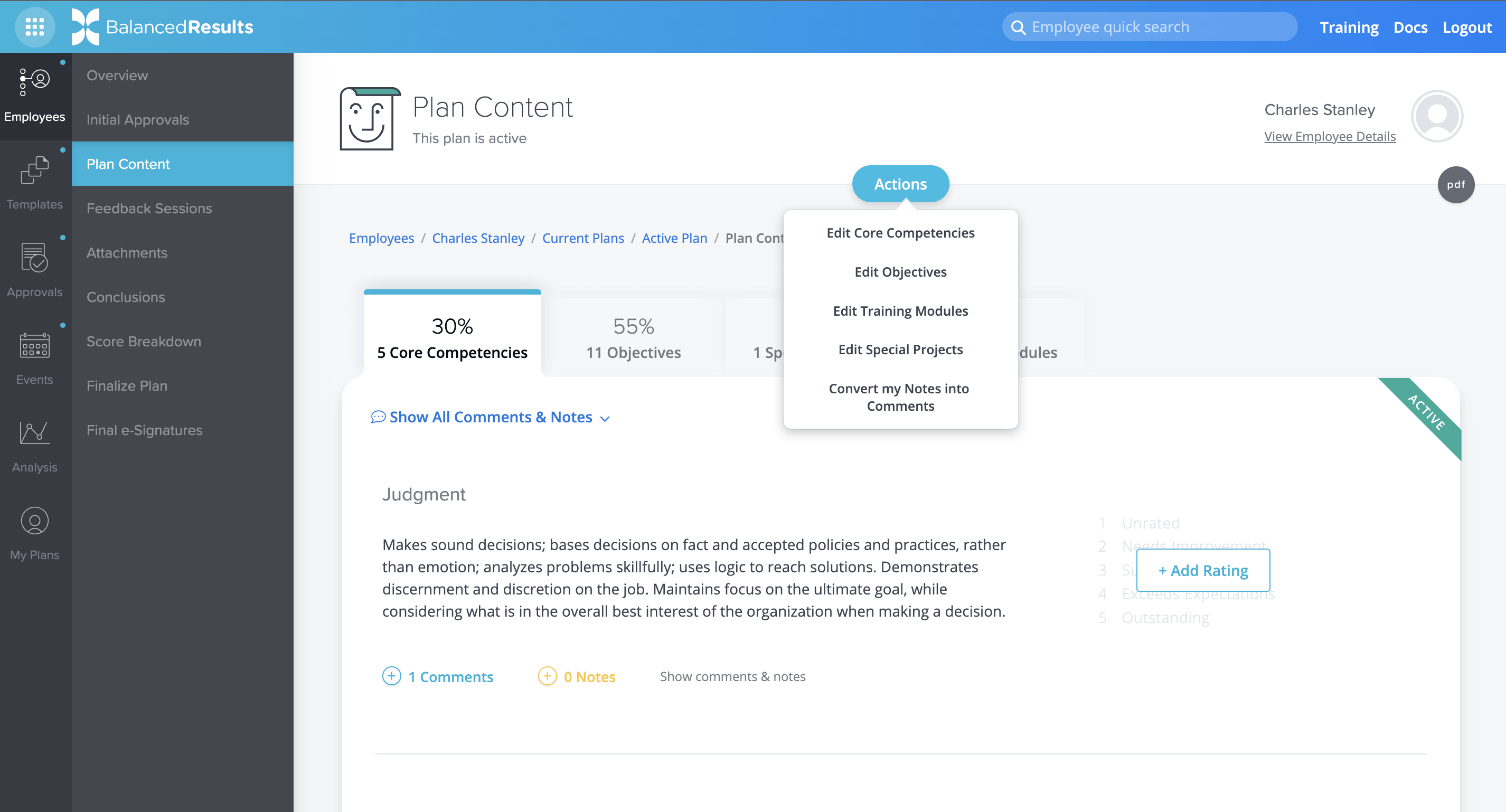 Consolidated actions menu