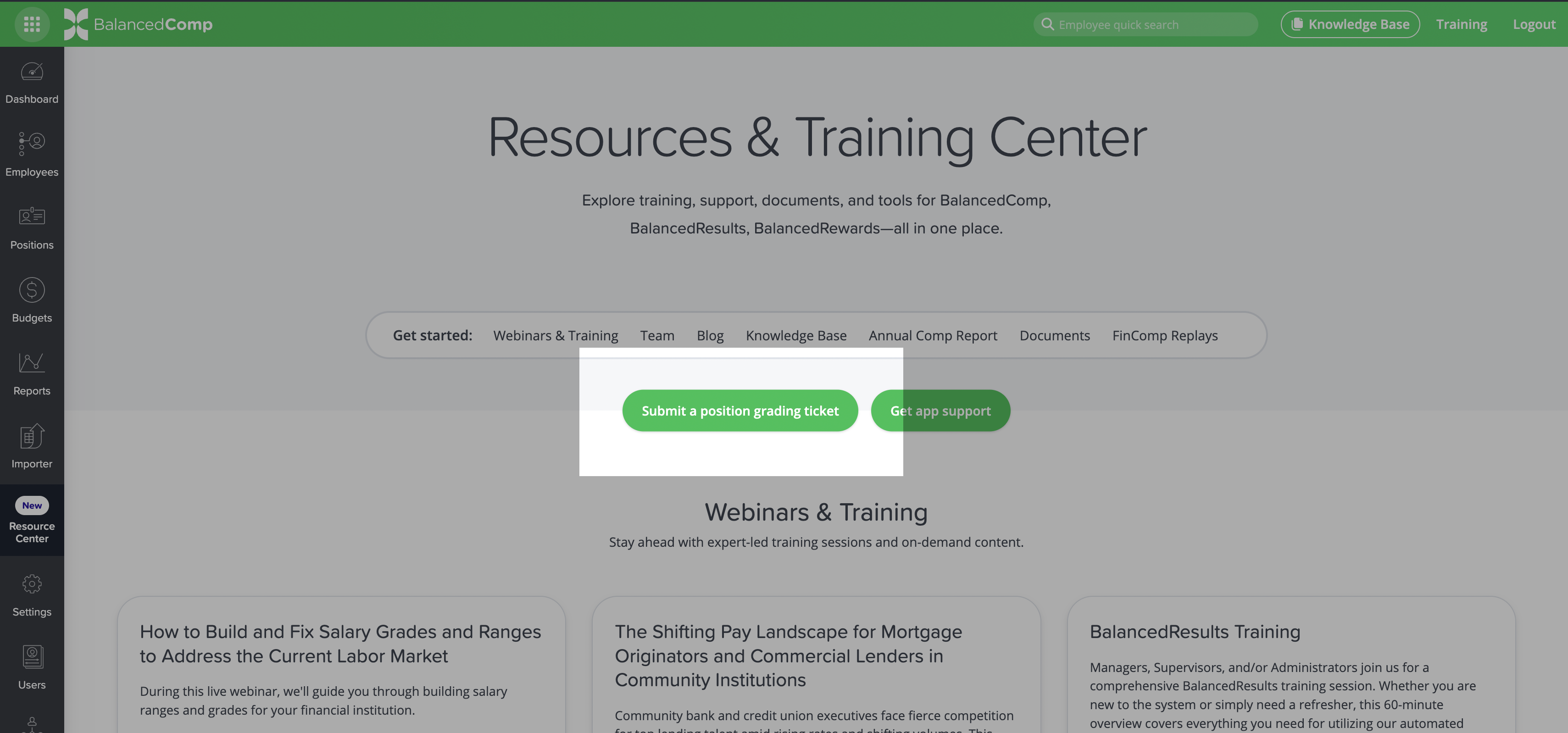 Screenshot showing the Resource Center in the BalancedComp application and the Submit a Position Grading Ticket option